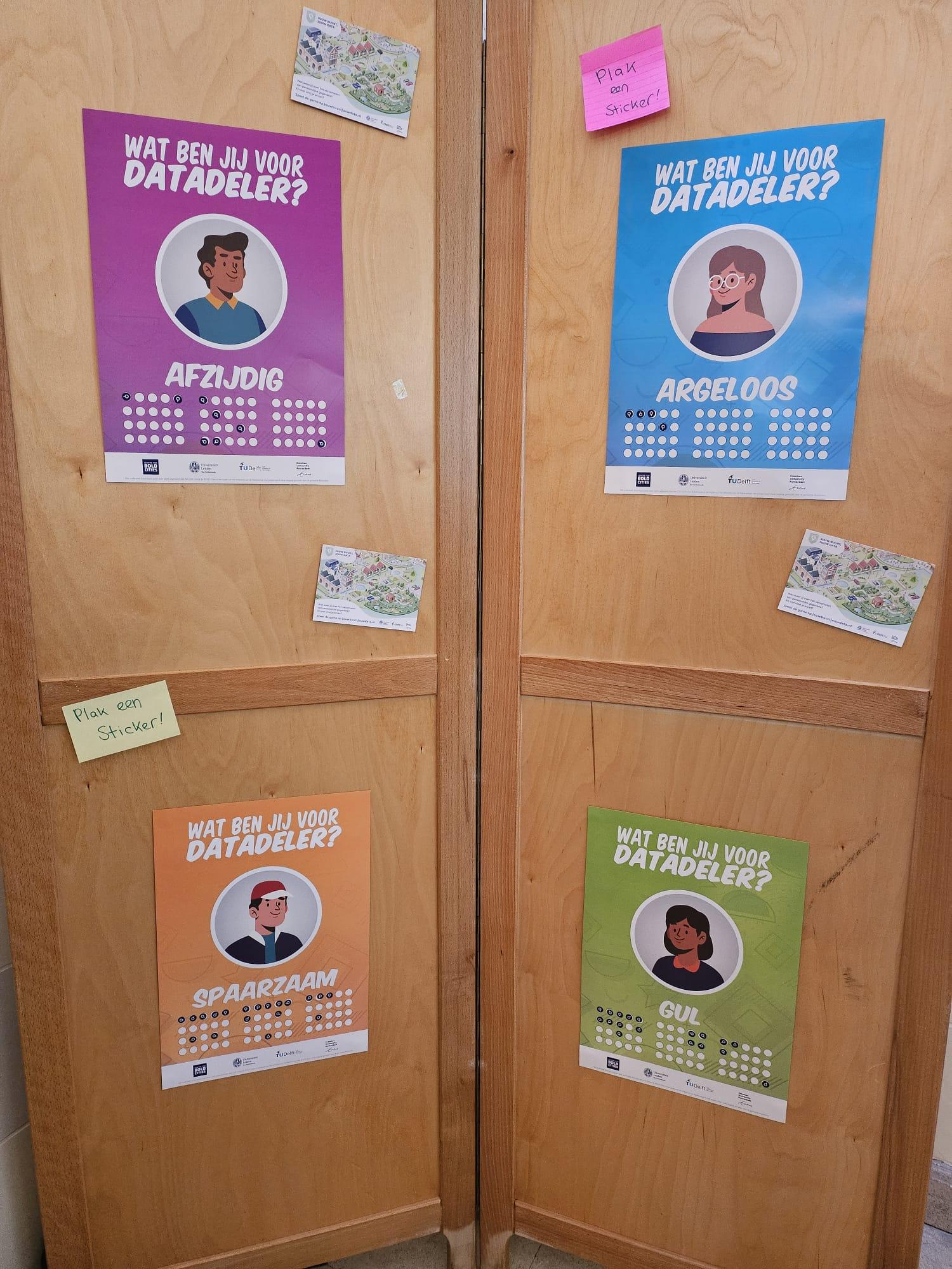 a picture of four posters identifying the four privacy profiles. the posters are colourful and hang on a wooden board