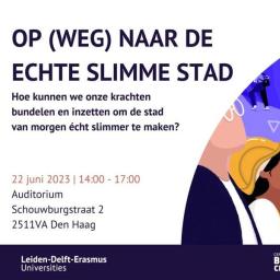 Banner: Op (weg) naar de echte slimme stad met illustratie van de slimme stad.